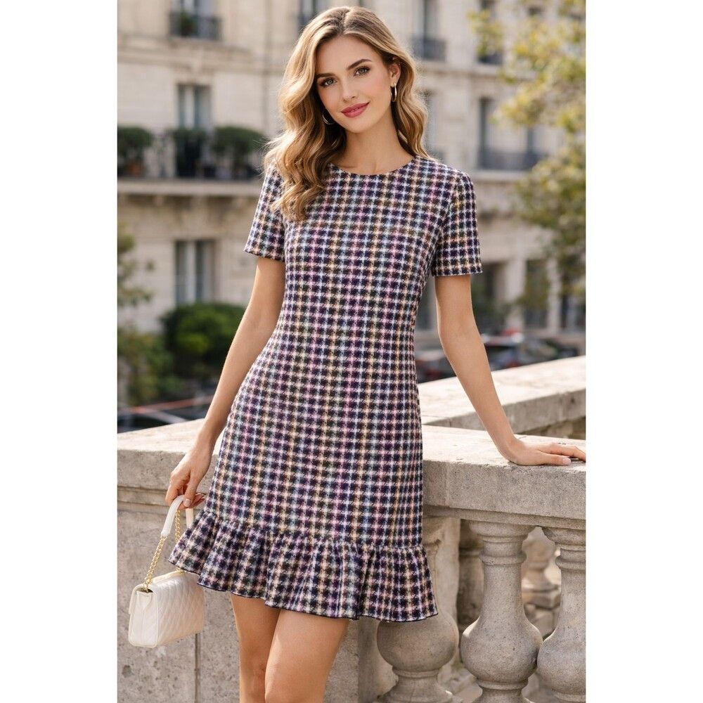 $1690 Carolina Herrera ruffled tweed mini dress Size:6 multi color